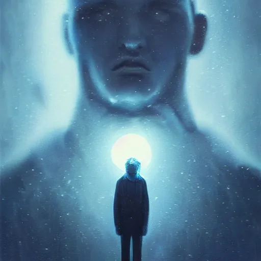 Image similar to 3 d, sci - fi, close - up, winter, man esthete with disgust face, moon, cinematic, fog, moon rays, vogue cover style, poster art, deep blue mood, realistic painting, intricate oil painting, high detail illustration, figurative art, multiple exposure, poster art, by tooth wu and wlop and beeple and greg rutkowski