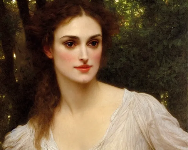 Prompt: portrait en buste of winona ryder kiera knightley in repose by Hughes Merle, by Pierre Auguste Cot, bouguereau, perfect detailed eyes, realistic fabric, abundant detail, dramatic pose