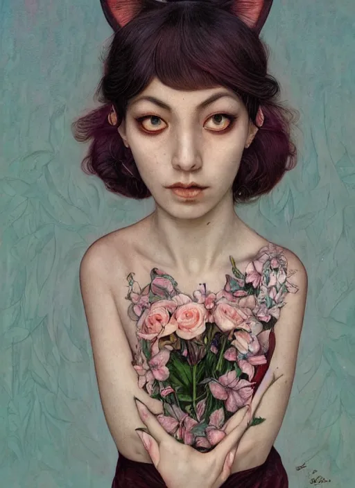 Image similar to sofia vargerra, cat eye, botanical, rose, portrait face, colorful, kupka, intricate, miles johnston, kuroda seiki, ozabu, godward, painterly, yoshitaka amano, moebius, miles johnston, louise zhang, james jean, mark ryden lowbrow pop surrealism art style