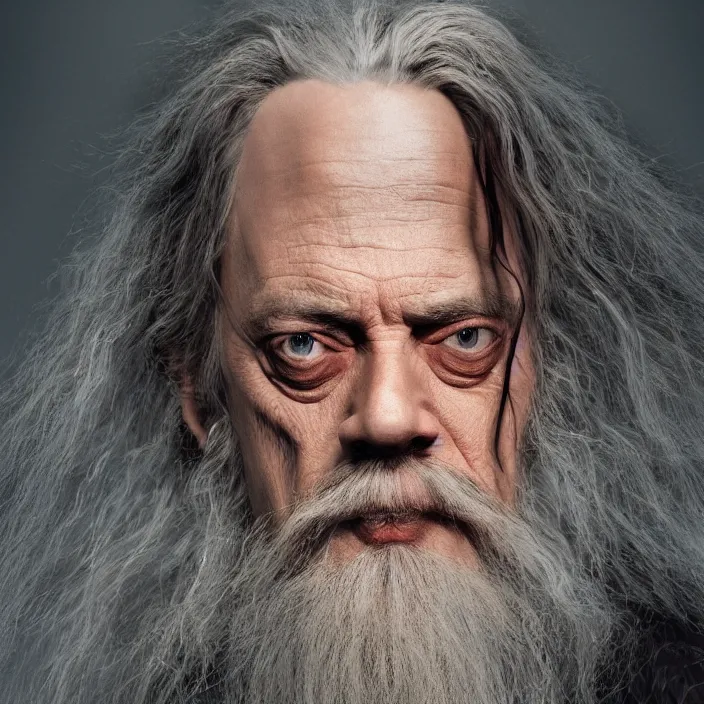 Image similar to portrait of Steve buscemi as Gandalf. intricate artwork. octane render, trending on artstation, very coherent symmetrical artwork. Peter Jackson, lord of the rings, return of the king. cinematic, high detail, octane render, 8k, iridescent accents