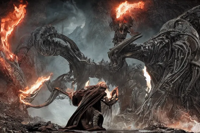 Image similar to movie still, balrog fighting gandalf at the bridge of khazad - dum, style of h. r. giger, fiery, dark, realistic movie still, cinematic, cgi,