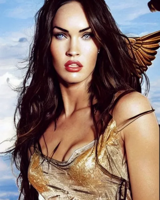 Prompt: megan fox as a Greek goddess in the sky, beautiful face