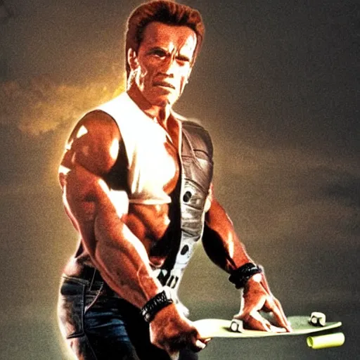 Image similar to A realistic photograph of Arnold Schwarzenegger as terminator riding a skateboard smoking cigar, gloomy, action, ambient lighting,