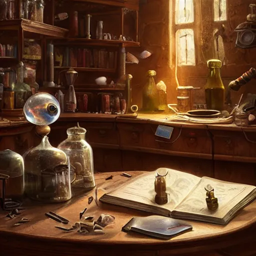 Prompt: hyper real, table, wizards laboratory, lisa parker, greg rutkowski, mortar, pestle, scales with magic powder, energy flowing, magic book, beakers of colored liquid, tony sart