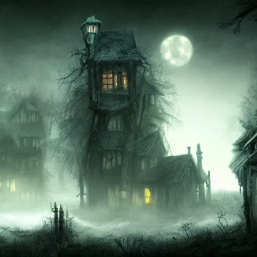 Image similar to haunted village surrounded by a dead forest, mist, moonlight, dark and gloomy, matte painting, ultra detailed, concept art