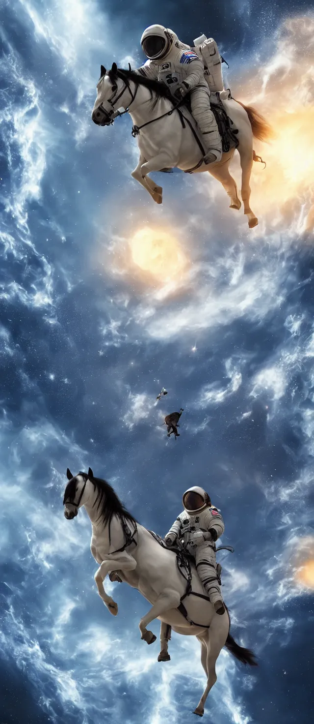 Image similar to astronaut riding a horse in space, perfect composition, very high detail, unreal engine octane render, 8k