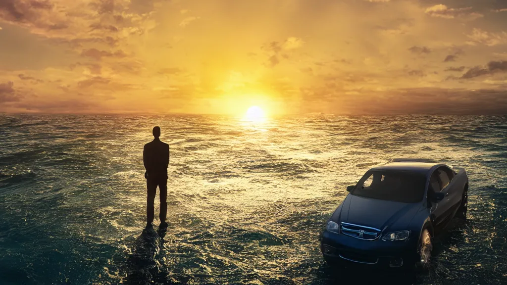 Image similar to a movie still of a man standing on a car while driving through the ocean at sunset, golden hour