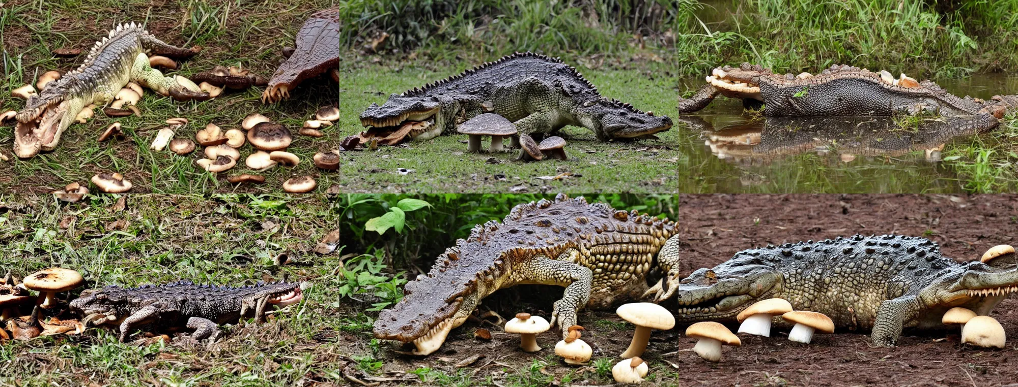 Prompt: crocodile eats mushrooms.