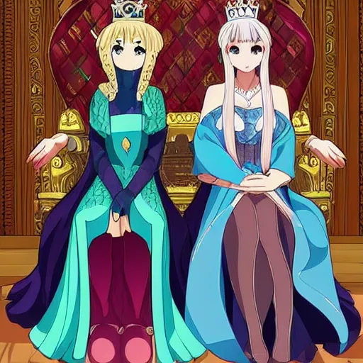 Prompt: two beautiful queens sitting in thrones across from each other, detailed anime art