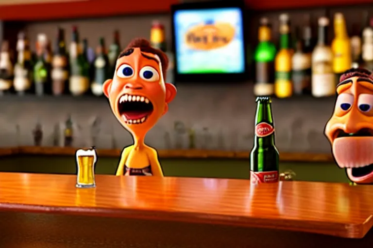 Prompt: a anthropomorphic bottle of beer standsin front of a bar yelling at the bar tender, pixar