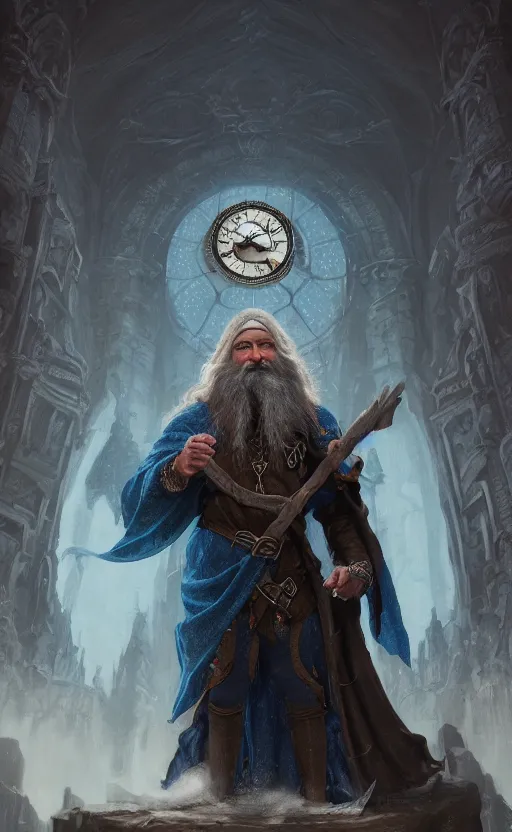 Prompt: portrait of a middle aged elf with a long beard, dressed in a blue cloak, brown grey hair, raised hand, clock iconography, detailed face, fantasy, highly detailed, cinematic lighting, digital art painting by greg rutkowski