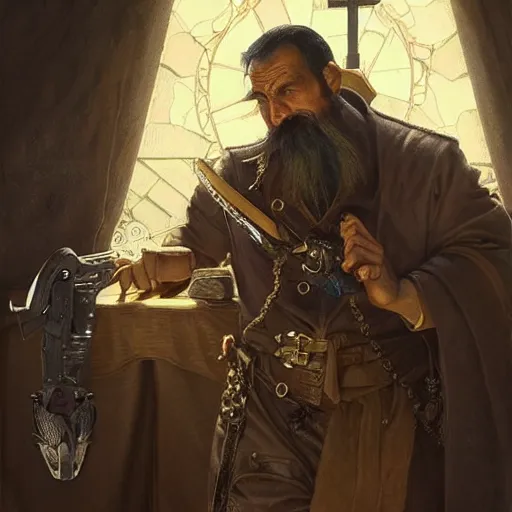 Image similar to “ a modern catholic priest, who looks like don quixote, black beard and moustache, with a revolver at his side, d & d, fantasy, intricate, cinematic lighting, highly detailed, digital painting, artstation, concept art, smooth, sharp focus, illustration, art by artgerm and greg rutkowski and alphonse mucha ”