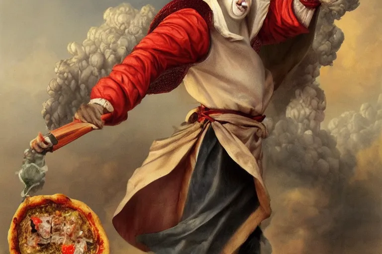 Image similar to a highly detailed pulcinella! holding a pizza! margherita, full body, volcano in background, lava and smoke, ominous, detailed painting by arturo faldi, trending on deviantart, octane, masterpiece