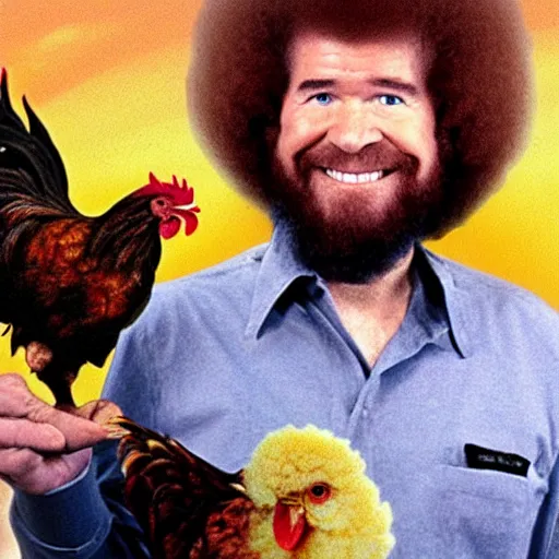 Prompt: bob ross holding a chicken on mars,