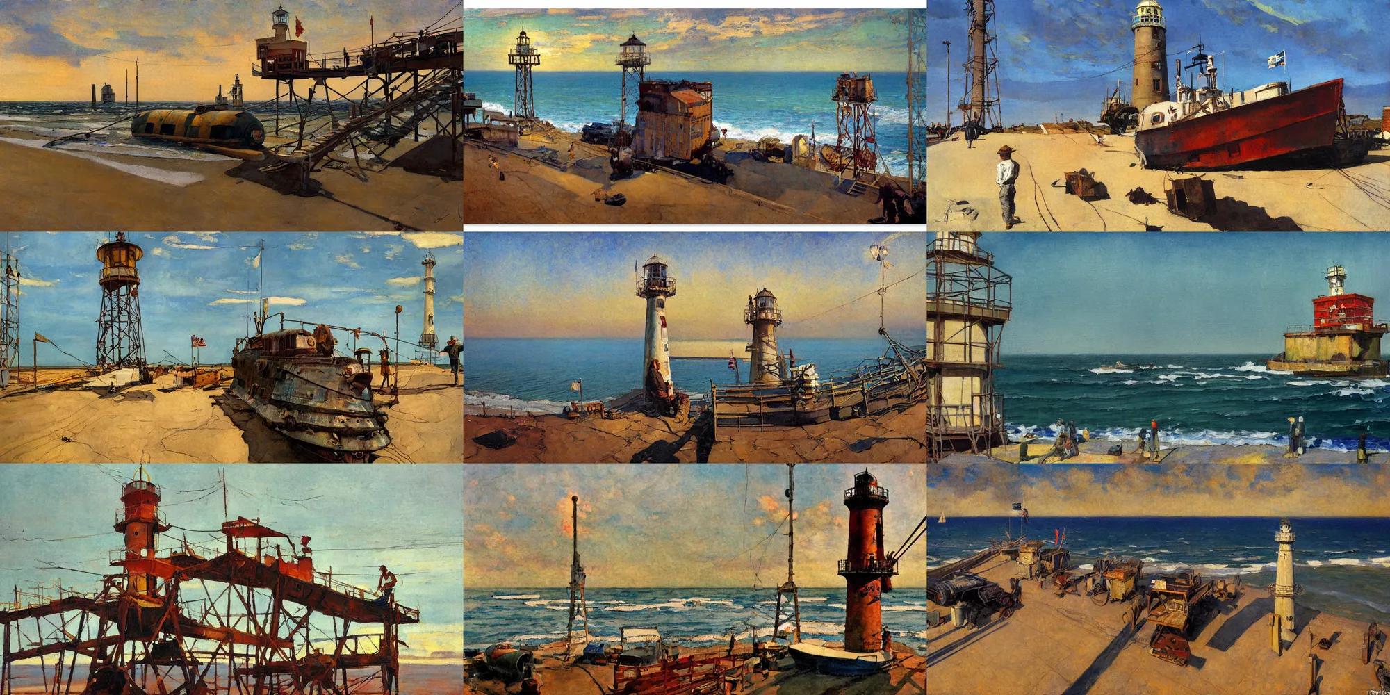 Prompt: painting by dean cornwell, nc wyeth painting, ultra wide, vanishing point, 3 d perspective, beached submarine, incredible, award winning, up close, climbing, beaching, rust, sadness, golden hour, junk town, lanterns, scafolding, catwalk, stairs, lighthouse, lookout tower, telephone pole