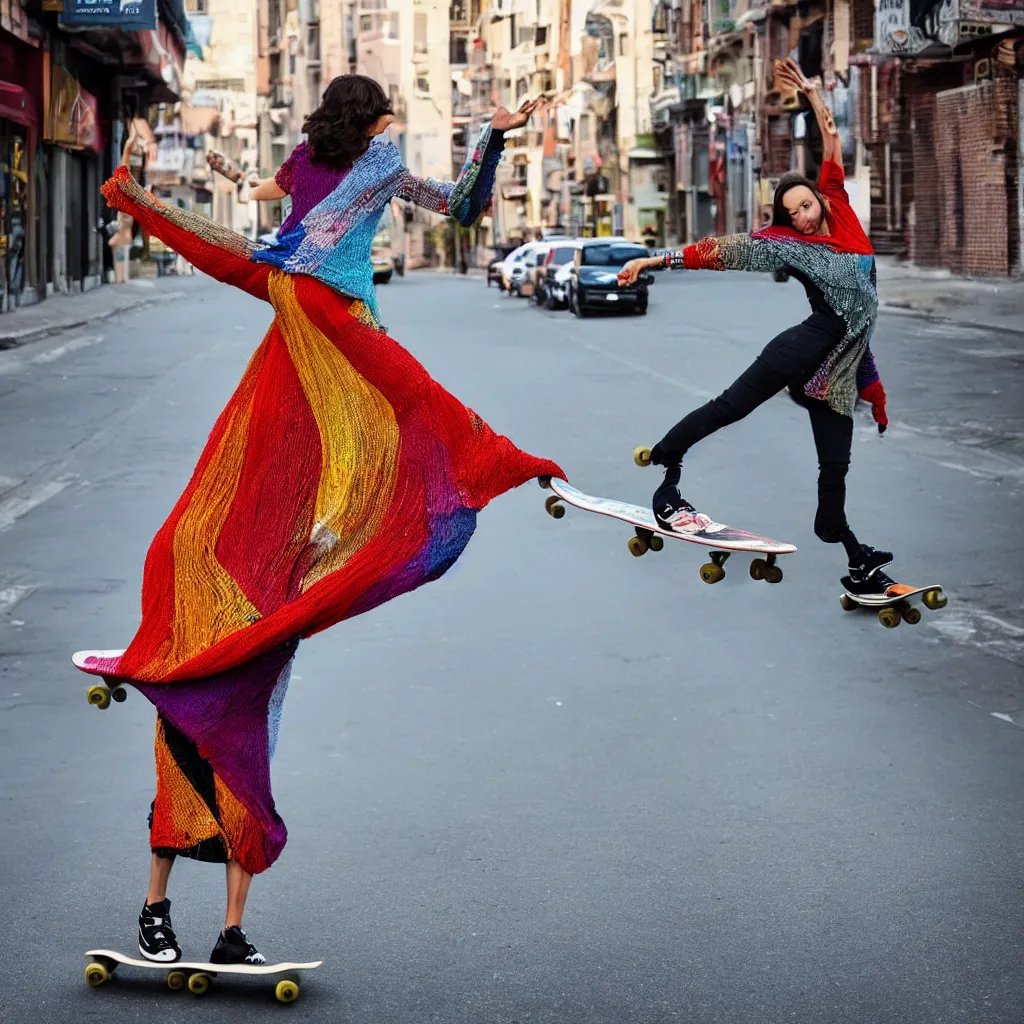 Prompt: a woman standing on a skateboard on a city street, an album cover by constance copeman, pexels contest winner, arabesque, dynamic pose, full body, made of beads and yarn
