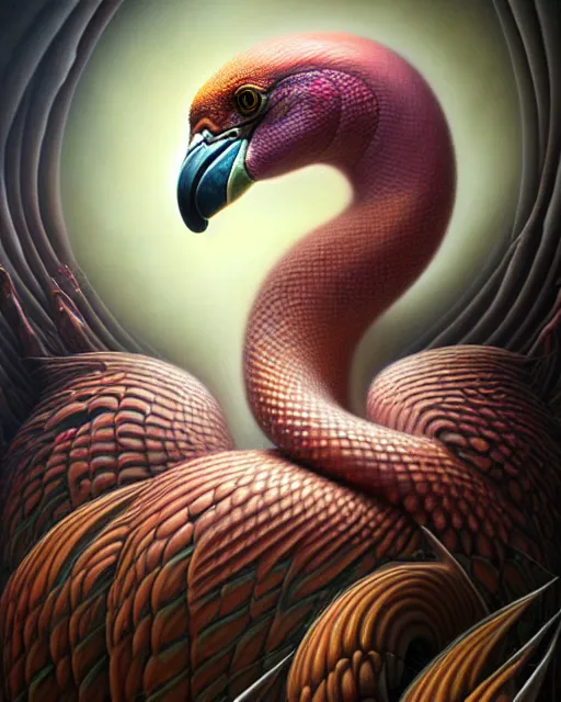 Image similar to a detailed portrait of dreampunk flamingo python hybrid mix goddess by tomasz alen kopera and peter mohrbacher