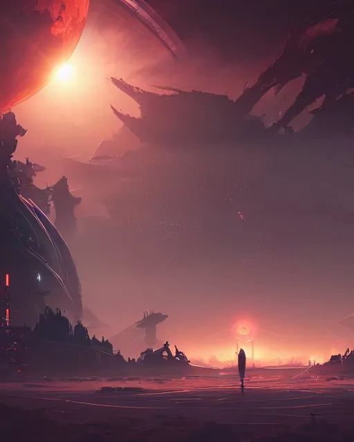 Prompt: beautiful landscape, nier automata, protoss temple!!!, machine planet, pink sun, colorful light, advanced technology, cinematic lighting, highly detailed, masterpiece, art by bastien grivet and darwin cellis and jan urschel