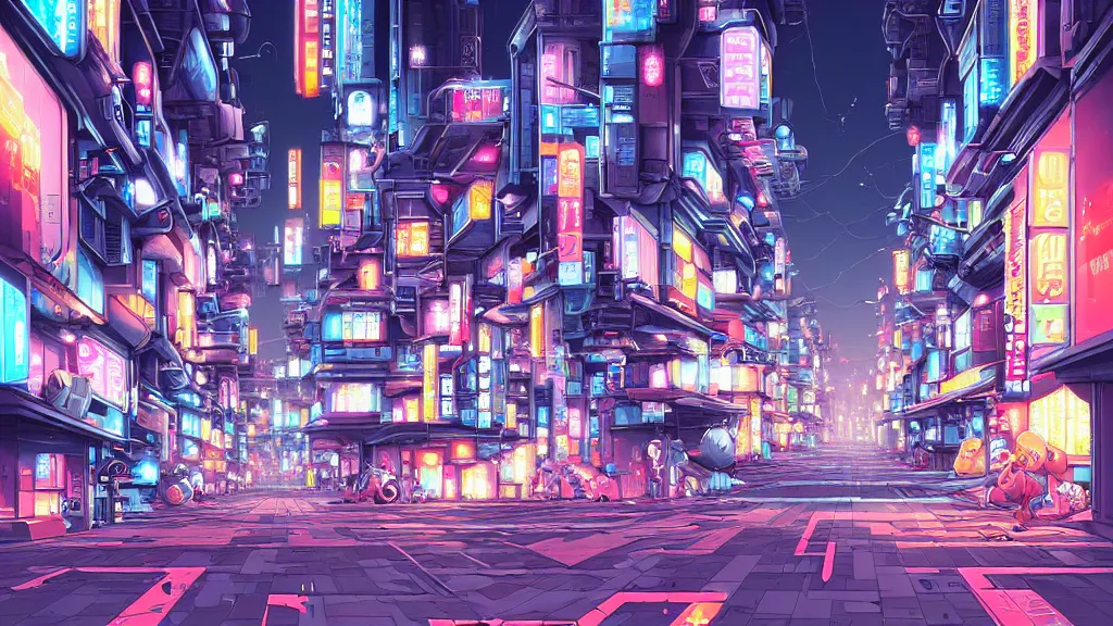 Prompt: street level view looking down the street of futuristic robot tokyo city at night by cyril rolando and naomi okubo and dan mumford and ricardo bofill. robots. robots walking the streets. advertisements for robots. robot shiba inu being walked by robots. robot city. neon advertisements.