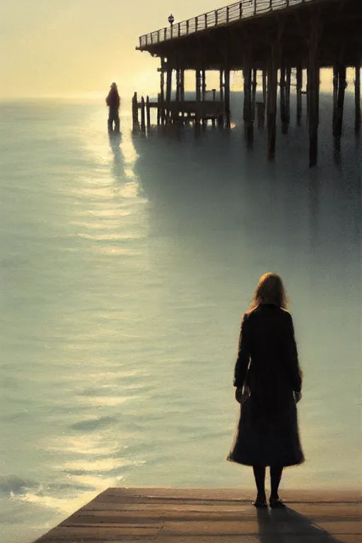 Image similar to painting of a woman standing at the end of a pier, she is visible from behind and from distance, the sea surrounding the pier is calm, soft evening light, volumetric lighting, style of greg rutkowski