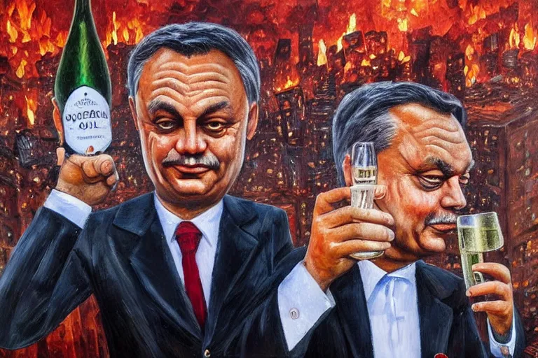 Prompt: viktor orban drinking champagne in front a burning city, highly detailed eyes, oil painting