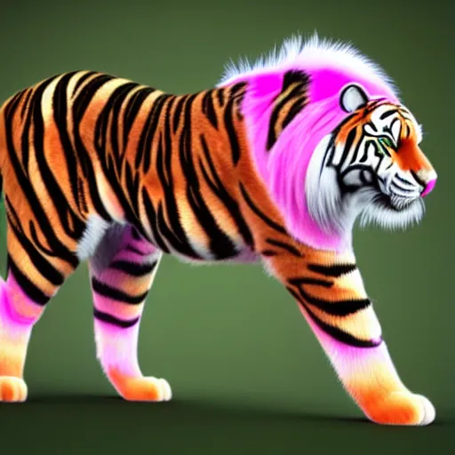 Image similar to a caspian tiger with fur of the color pink and yellow with ombre effect, detailed fur hair, unreal engine 5