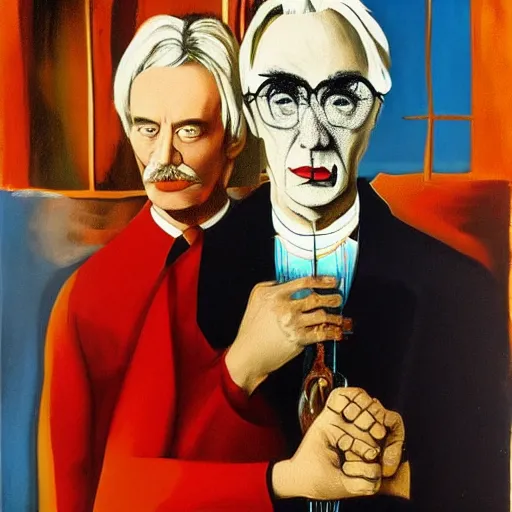 Image similar to salvador dali and andy warhol in the style of american gothic