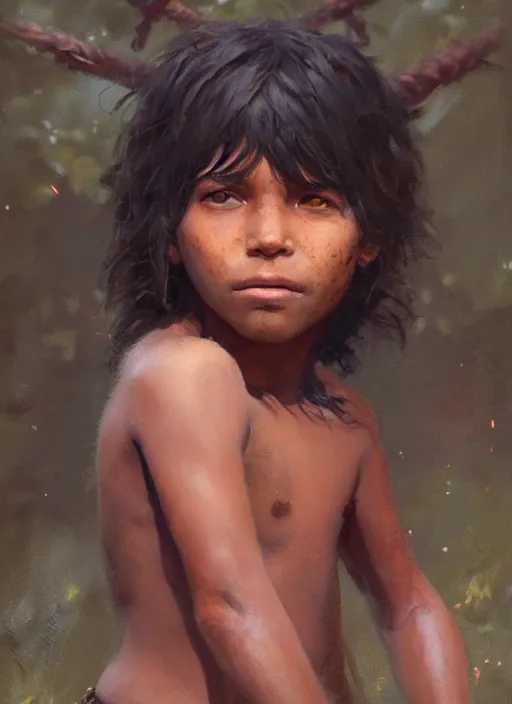 Image similar to highly detailed portrait of mowgli, unreal engine, fantasy art by greg rutkowski