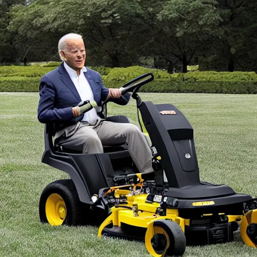 Image similar to joe biden driving a lawn mower