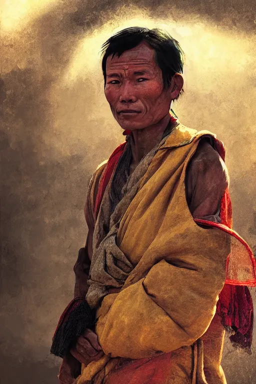 Image similar to Tibetan citizen, portrait, poor, intricate, elegant, volumetric lighting, scenery, digital painting, highly detailed, artstation, sharp focus, illustration, concept art,ruan jia, steve mccurry