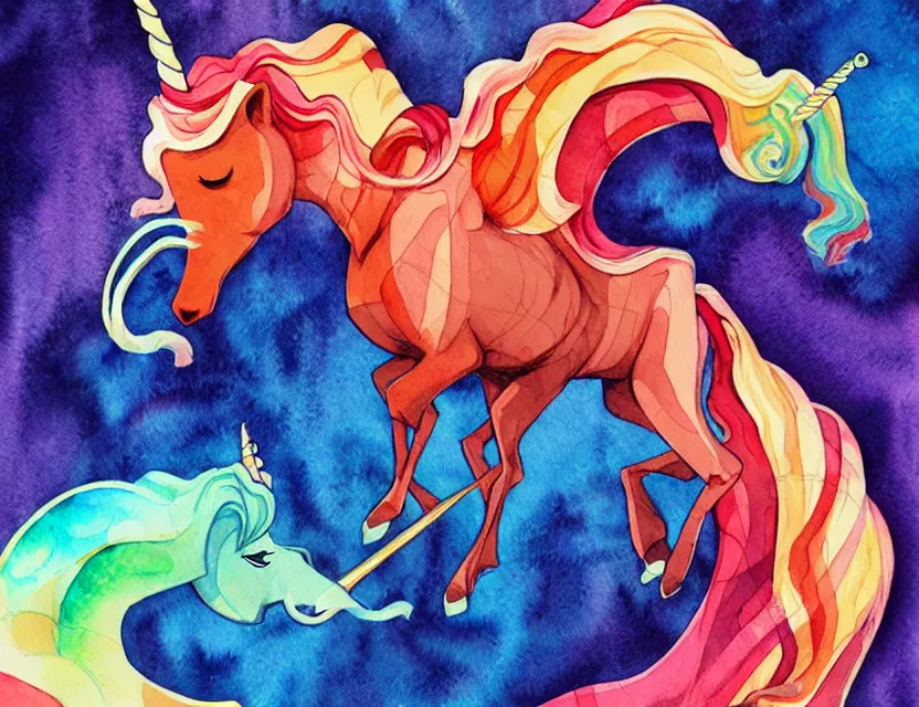 Image similar to amorphous lifeform taking over a unicorn's body. this watercolor painting by the award - winning comic artist has dramatic lighting, an interesting color scheme and intricate details.