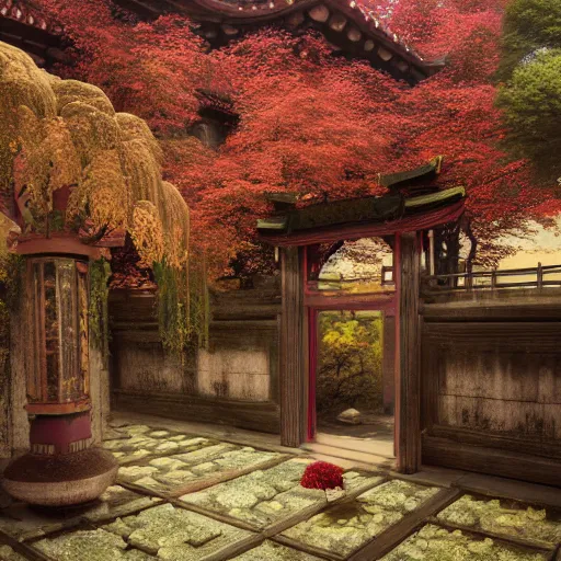 Image similar to traditional shinto garden, photorealistic, baroque, renaissance, by emedios varo and anato finnstark and fenghua zhong, hyperrealism, 4 k 8 k, 3 d, masterpiece, texture, captivating, awe inspiring