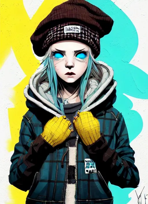 Prompt: highly detailed portrait of a sewer punk lady student, blue eyes, plaid hoody, hat, white hair by atey ghailan, by greg rutkowski, by greg tocchini, by james gilleard, by joe fenton, by kaethe butcher, gradient yellow, black, brown and cyan color scheme, grunge aesthetic!!! ( ( graffiti tag wall background ) )