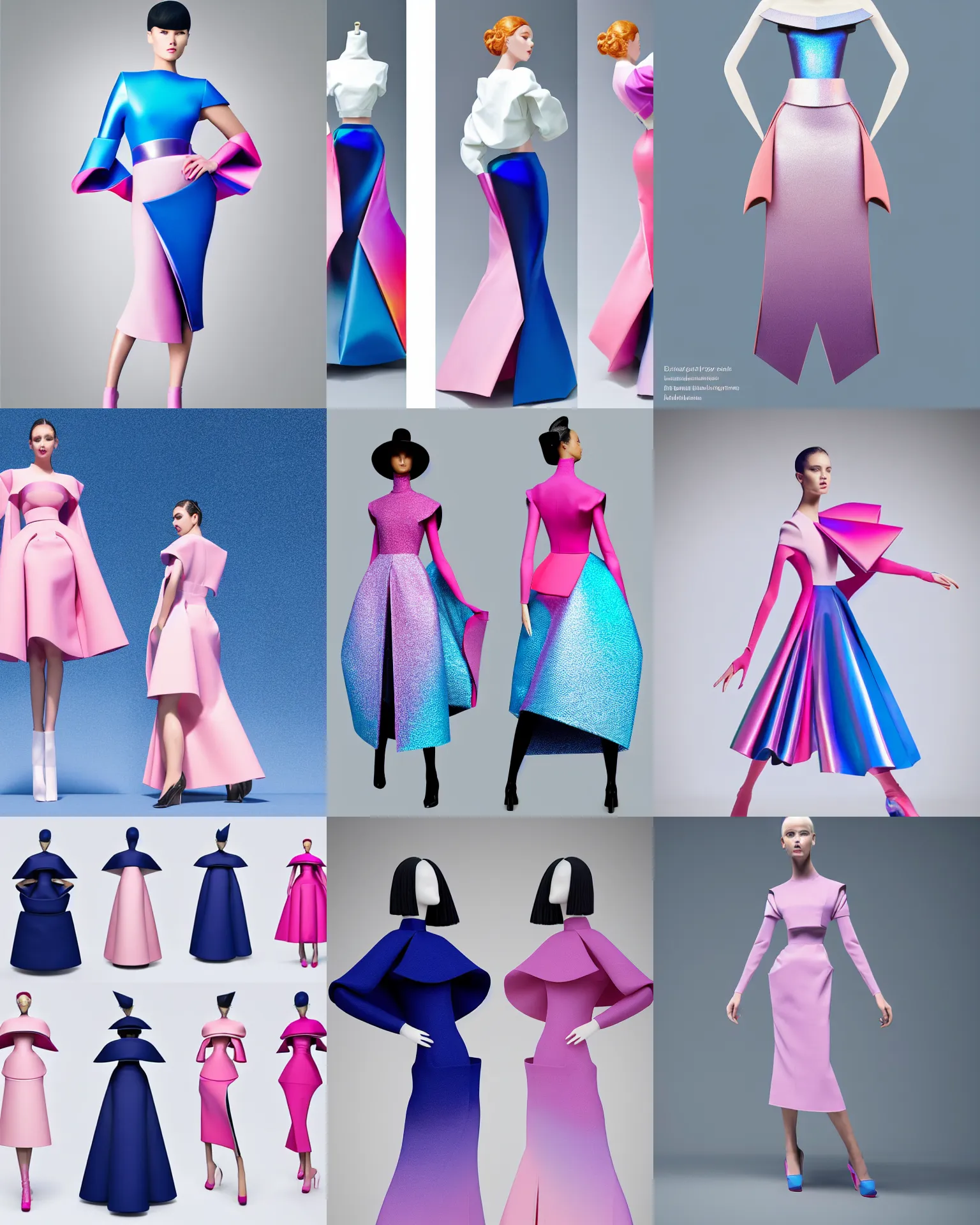 Prompt: designer figure collection ball shaped accordion sleeve haute couture, sailor uniform, midi skirt, coat, synthetic curves striking pose, dynamic folds, cute huge pockets, volume flutter, youthful, modeled by modern designer bust, body fitted dart manipulation, award fashion, picton blue, petal pink gradient scheme, holographic tones, expert composition, professional retouch, editorial photography