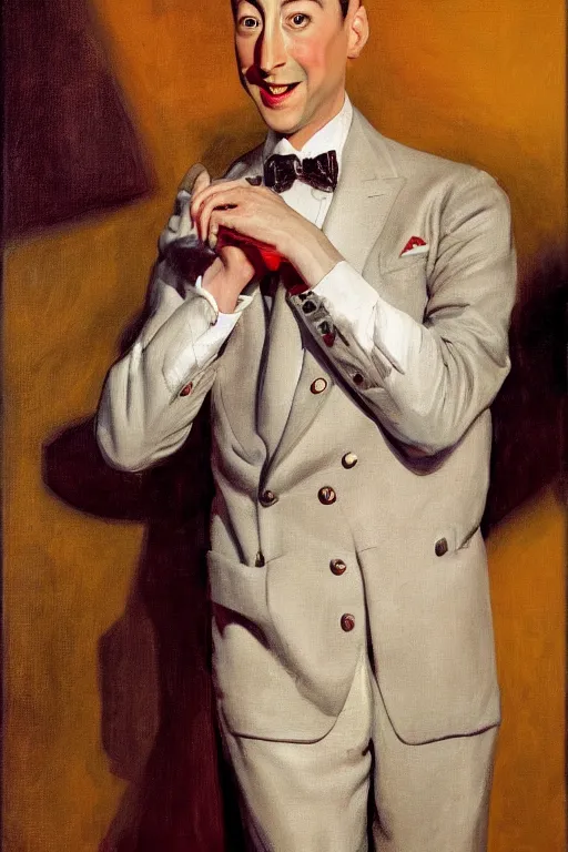 Image similar to Pee Wee Herman oil on canvas, golden hour, artstation, by J. C. Leyendecker and Peter Paul Rubens,