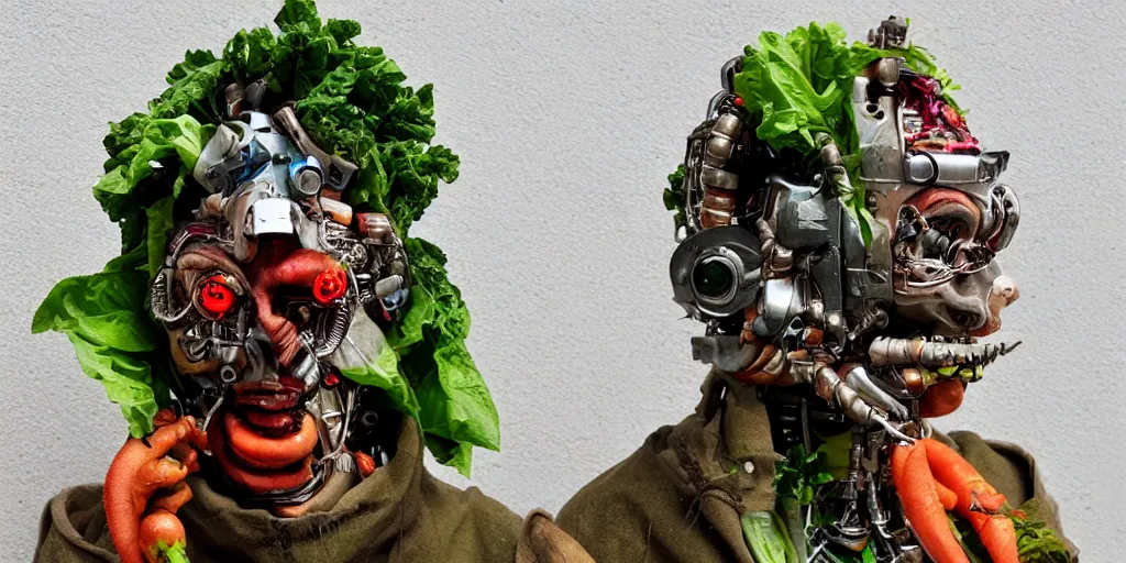 Prompt: a beautiful cyborg made of ceremonial vegetable maske