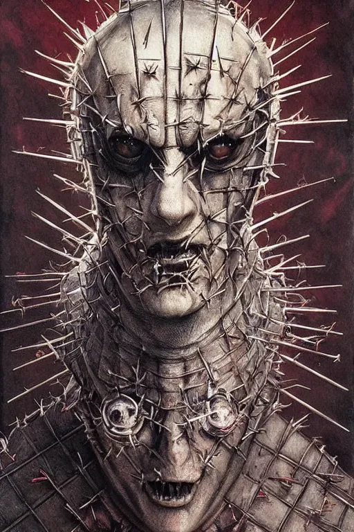 Image similar to portrait of pinhead hellraiser cenobite by hr giger, greg rutkowski, luis royo and wayne barlowe as a diablo, resident evil, dark souls, bloodborne monster