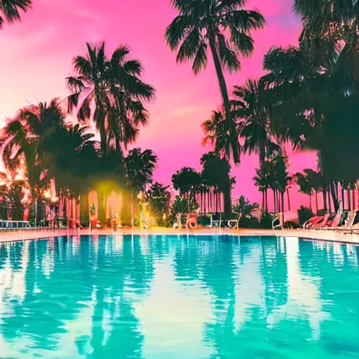 Image similar to hotel california, motel, swimmingpool, sunset, palms, beach, sunset, vaporwave, pink, blue, green, purple, aesthetic.