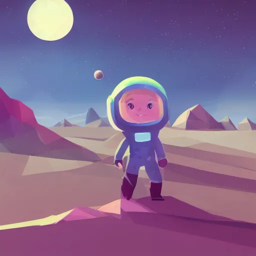 Prompt: Concept art for game, A cute explorer astronaut on a lush alien planet, large planets in the background, low poly, stylized, indie game, artistic lighting