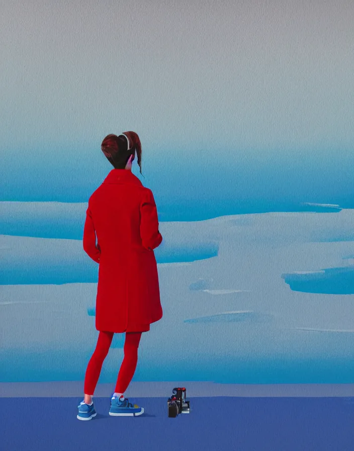 Prompt: wide shot rear view photographer woman hair in a bun long red stripe coat backpack sneakers taking photo with nikon camera in hand while looking out over a placid blue lake, a character design painting, in the style of wes anderson, lola dupre, david hockney, isolated on negative white space background dark monochrome fluorescent spraypaint accents volumetric octane render, no double figure