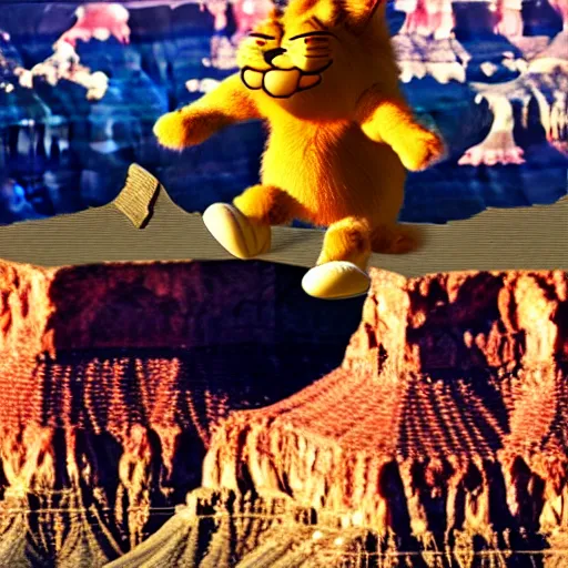 Prompt: Garfield doing a kick flip over the grand canyon Garfield is very fuzzy, stunning detail, photo realistic, realistic lighting