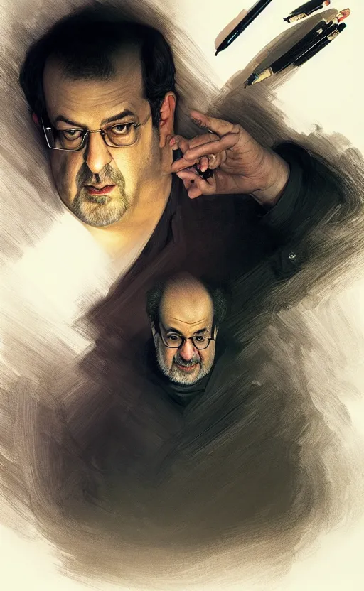 Prompt: portrait of salman rushdie writing in the dark, deep focus, blade runner 2 0 4 9, fantasy, intricate, elegant, highly detailed, digital painting, artstation, concept art, matte, sharp focus, illustration, art by artgerm and greg rutkowski and alphonse mucha