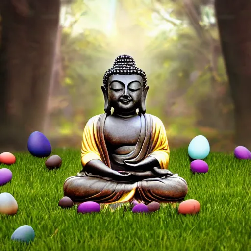 Prompt: the buddha on a easter egg hunt, children, grassy, happy, trending on artstation