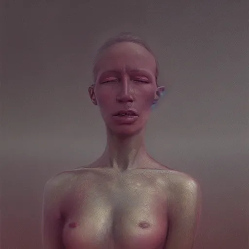 Prompt: dream woman, art, concept art, beksinski, zdzisław, photorealistic, rendered in octane, matte painting, highly detailed, featured on deviantart