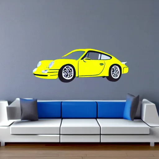 Prompt: sticker on a wall of a porsche 9 1 1 yellow and blue as the sap logo, cartoon style