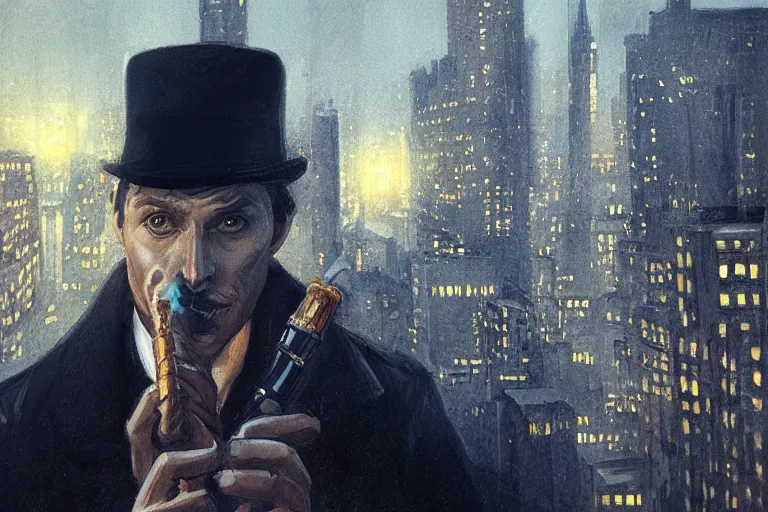 Prompt: portrait detective wearing a trench coat in profile smoking a sherlock holmes pipe on a perch facing the city at night, smooth, focus, highly detailed, hyper realistic, dramatic lighting, intricate, concept art, new york skyline, looking down, art by wlop, greg rutowski, artstation