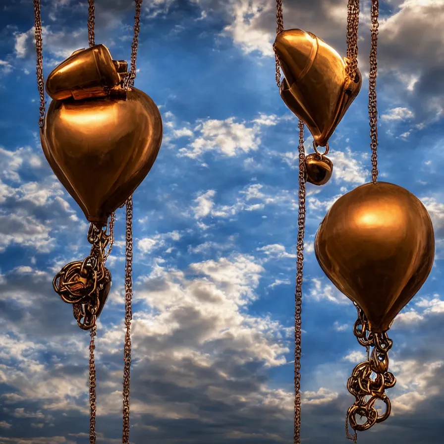 Image similar to beautiful blimps high in the sky, copper chains hanging from the edges, steampunk styled, golden hour, steam clouds, clouds, valves, award winning photography, highly detailed, low poly, extremely wide angle