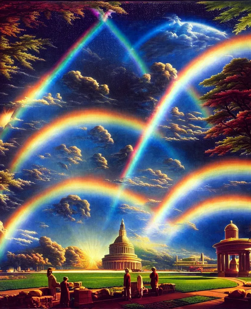 Image similar to a beautiful future for humanity, spiritual evolution, science, divinity, utopian, heaven on earth, gardens, gazebos of light, rainbows, by david a. hardy, wpa, public works mural, socialist