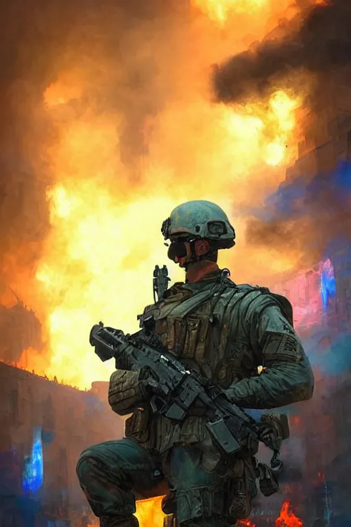 Image similar to special forces soldier with ukrainian blue and yellow flag watching red square burn, masculine figure, d & d, fantasy, bright atmosphere, volumetric lights, intricate, elegant, extremely detailed, digital painting, artstation, concept art, matte, smooth, sharp focus, hyper realistic, illustration, art by artgerm and greg rutkowski and alphonse mucha