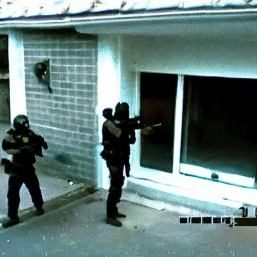 Image similar to security camera footage of swat team entering house, police breaking down door, cctv outside footage, armed police ambush, grainy film